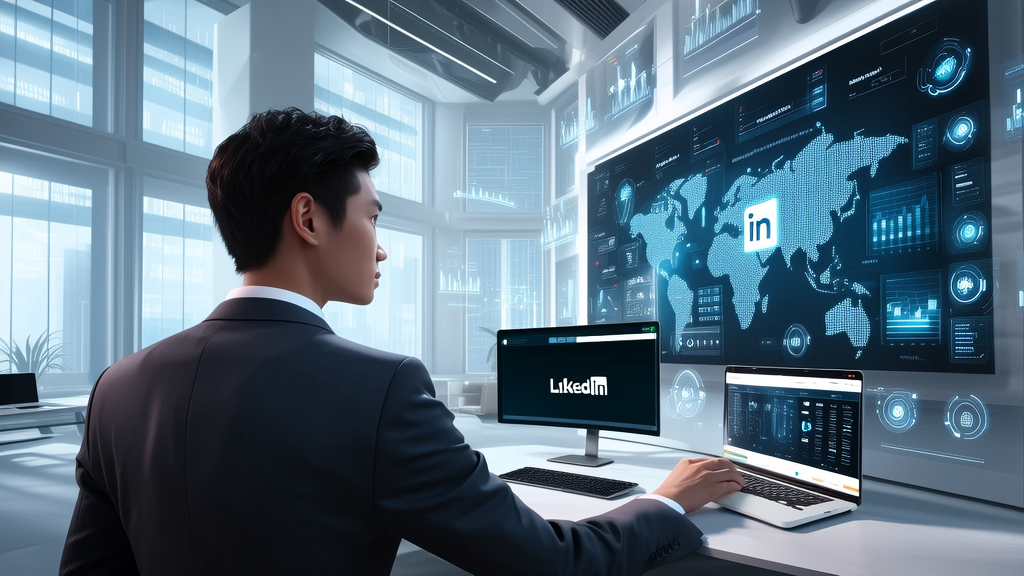 在充满科技感的办公室中，一位商务人士正在使用AI技术从LinkedIn获取客户信息
