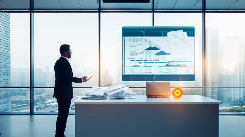 Modern office with a lawyer interacting with an AI system, city view outside the window, highlighting the importance of information accuracy and legality