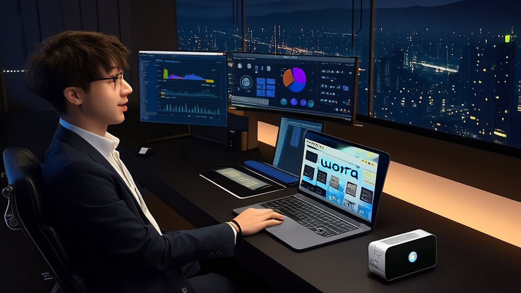 An entrepreneur in a tech-filled office using AI technology for precise customer acquisition and creating marketing videos with the latest Doudou video generation tool.