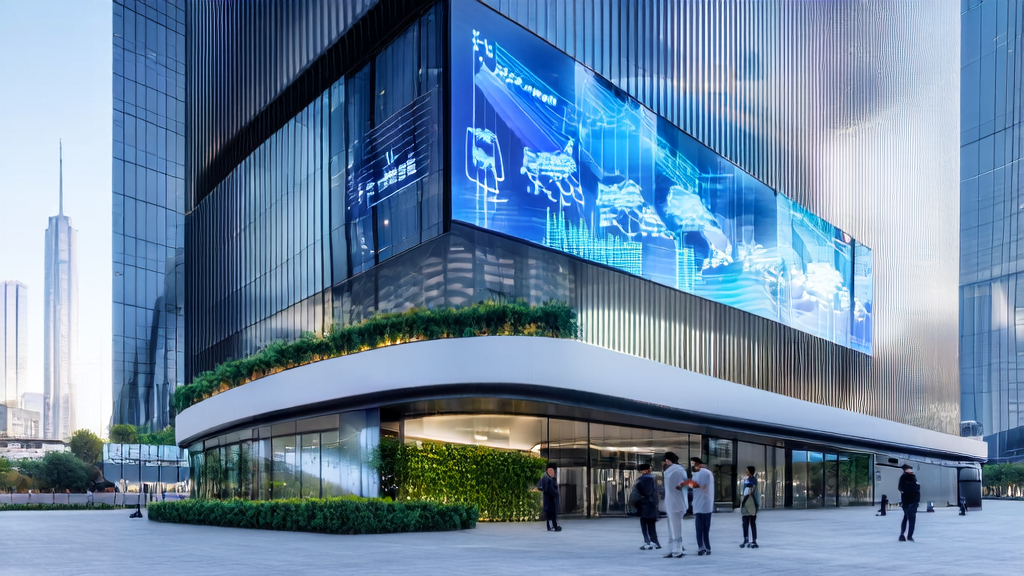 未来城市中的企业大楼，展示着DeepSeek标志和最新AI获客数据，背景是高楼大厦和科技元素