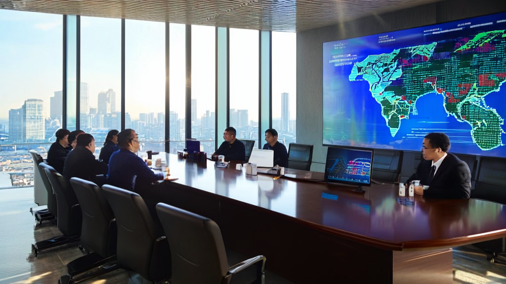 Meeting room scene showcasing AI technology for optimizing overseas customer acquisition costs