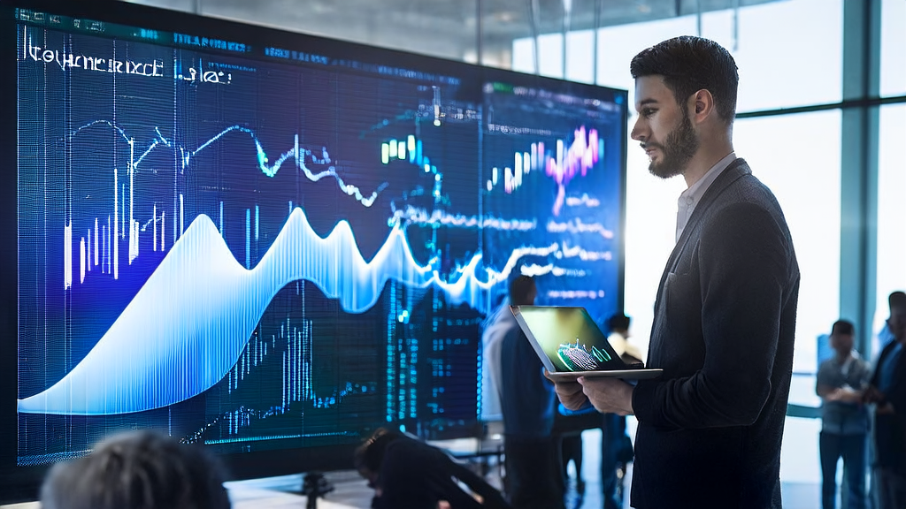 年轻的创业者正在讨论如何通过AI技术优化广告投放，精准触达目标人群，背景是现代化的办公楼和技术团队。