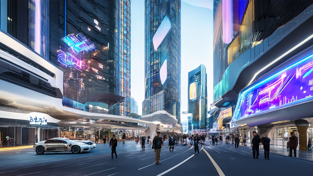 In a futuristic city street, a marketing expert uses AI technology to optimize ad targeting, achieving precise customer reach and reduced CPA.