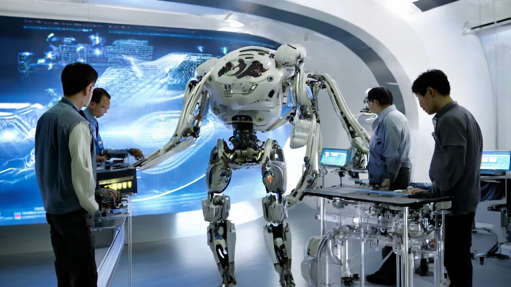 In a high-tech lab in a futuristic city, engineers are assembling a Tesla Optimus robot with AI customer prediction model data displayed on large screens in the background.