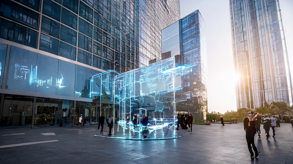 A scene of a young entrepreneur using AI technology for personalized email marketing in a futuristic city