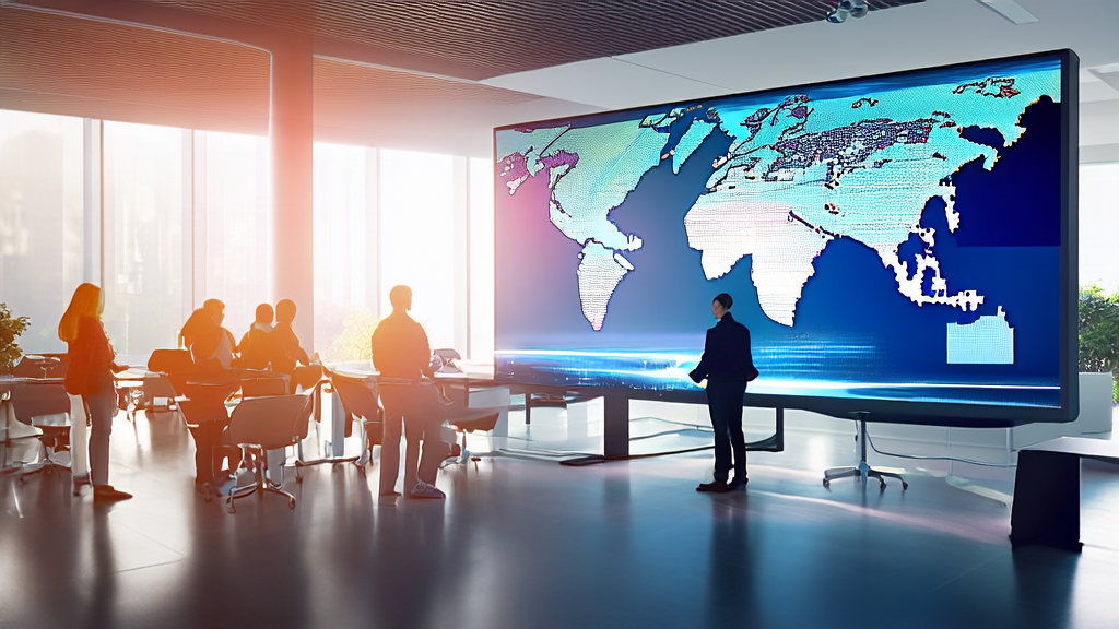 In a sunlit modern office, employees are discussing AI-driven personalized email templates to enhance customer reach in international trade business.