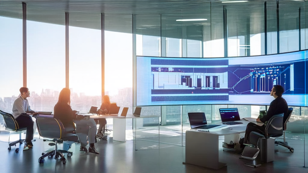Office workers discussing AI predictive modeling for customer acquisition in a modern office setting