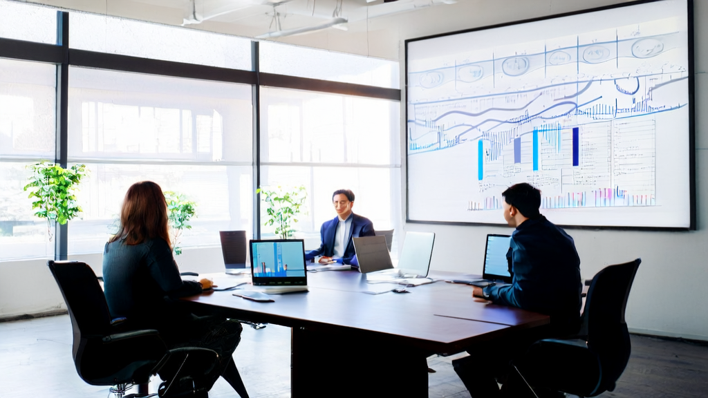 Young entrepreneurs in a modern office discussing AI customer acquisition strategies using Quora data and Alibaba Qwen2.5-Omni