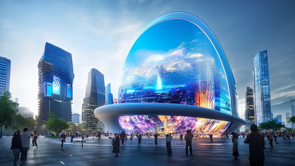 AI Customer Acquisition Revolution in a Futuristic City: People Interacting with PixVerse “Ai Me“ Using Smart Devices