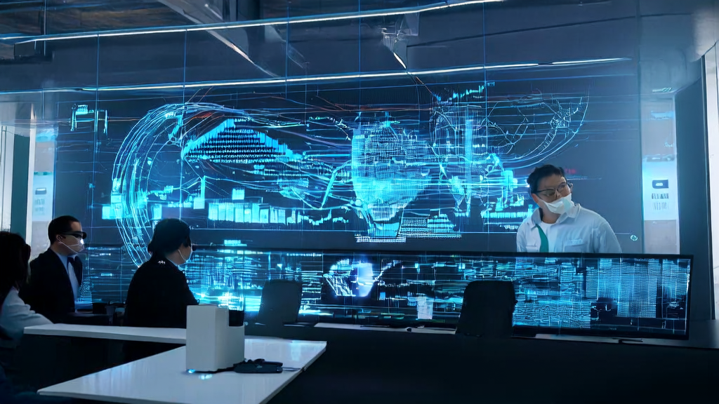 未来办公室中技术人员讨论基于AI的高转化邮件策略