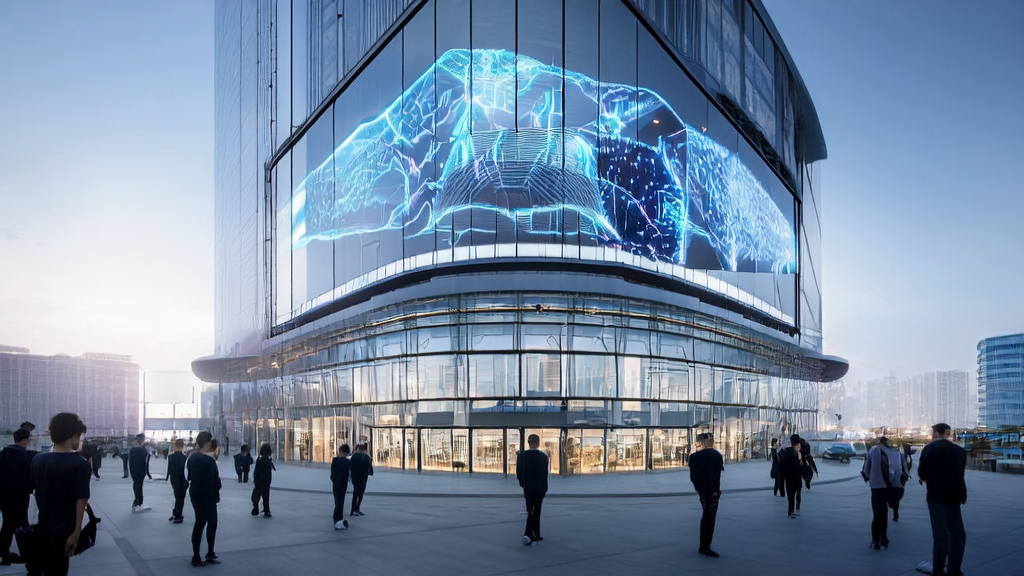 Modern office building in a futuristic city showcasing the AI customer acquisition revolution and Seed-OSS technology