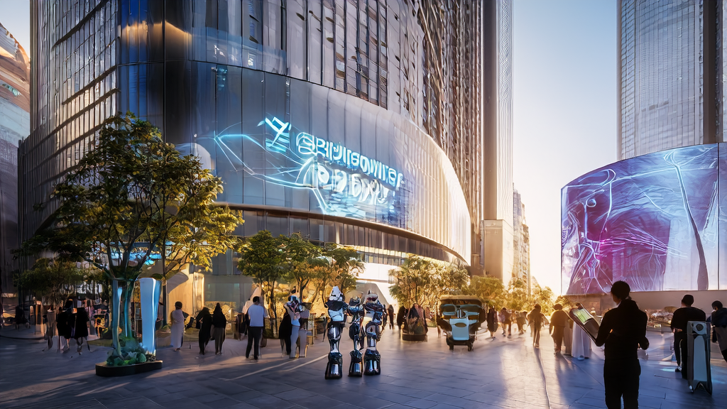 未来城市中的人们与1X Neo人形机器人互动,展示AI客户预测模型的应用前景