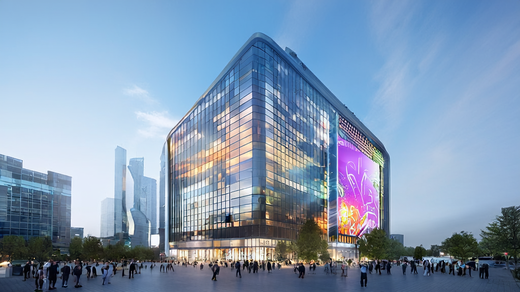 A crowd discussing AI customer acquisition and Quora customer collection in front of a modern office building with a large AI logo and display screens.
