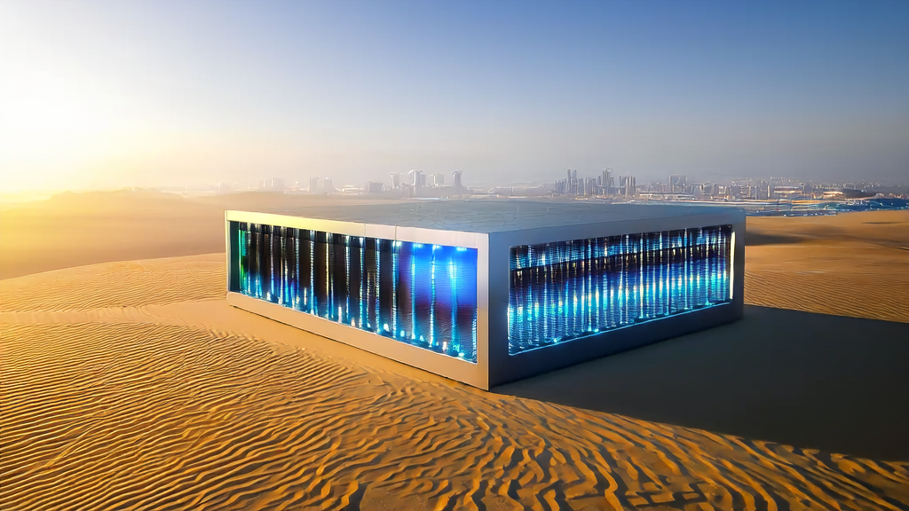 A futuristic data center in Abu Dhabi showcasing advanced data processing capabilities driving AI customer acquisition innovations