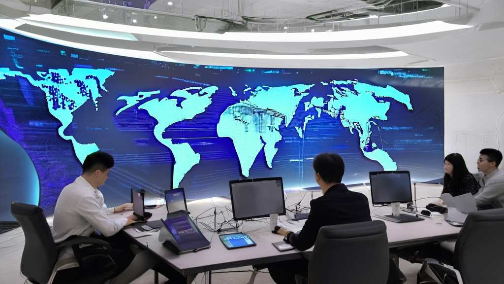 未来科技感十足的办公室内，员工们使用AI技术进行精准获客