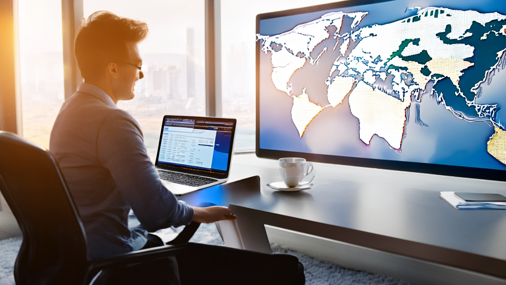 一位外贸业务员在现代化办公室中使用AI邮件润色工具优化邮件，提升客户回复率