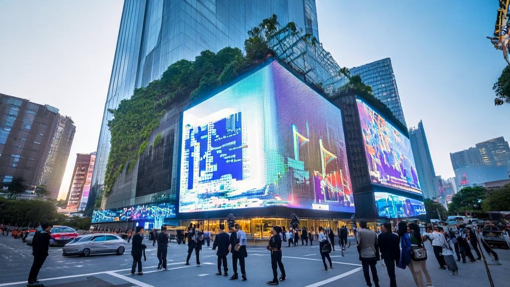 A tech company building in a bustling Southeast Asian city, with a large electronic screen showcasing the latest developments in AI customer acquisition