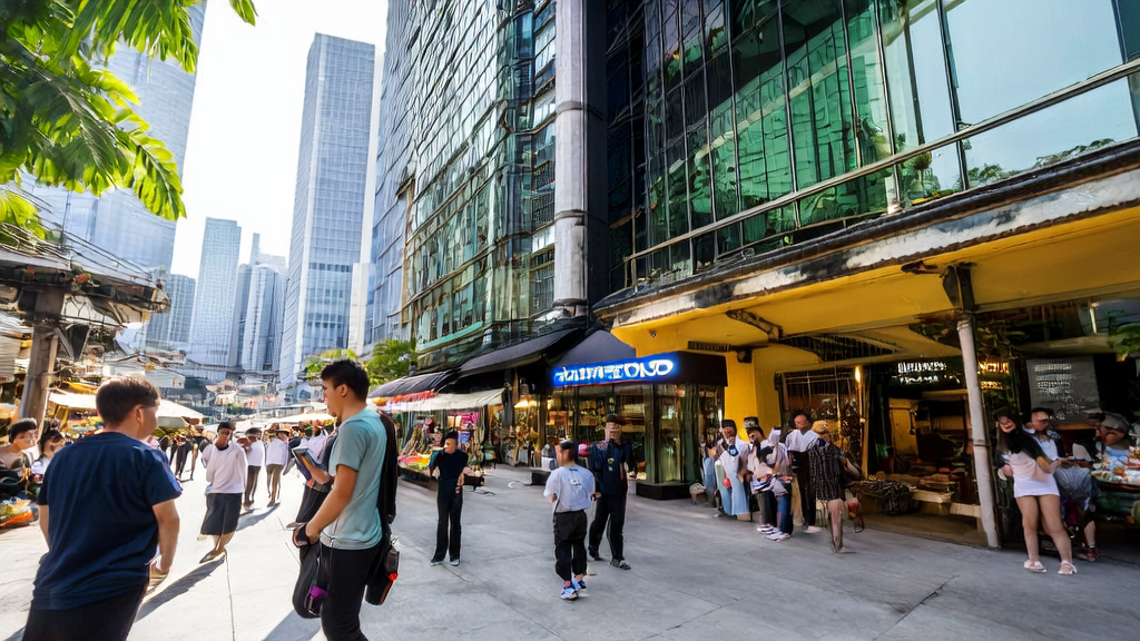 东南亚城市街头，人们使用智能语音助手，科技公司前讨论AI技术应用
