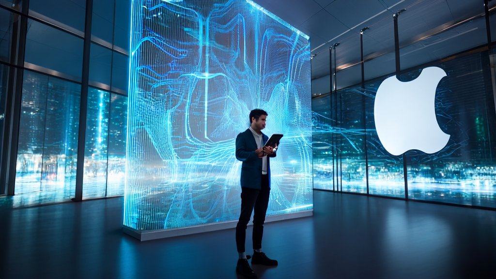 一位创业者在科技公司内利用AI技术优化广告投放,背景为高楼林立的城市和苹果标志