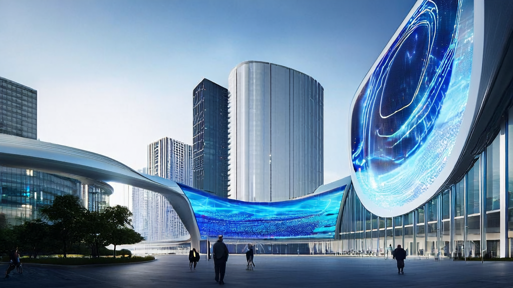 未来城市中的AI智能获客系统控制中心，展示悟空类脑计算机带来的新机遇