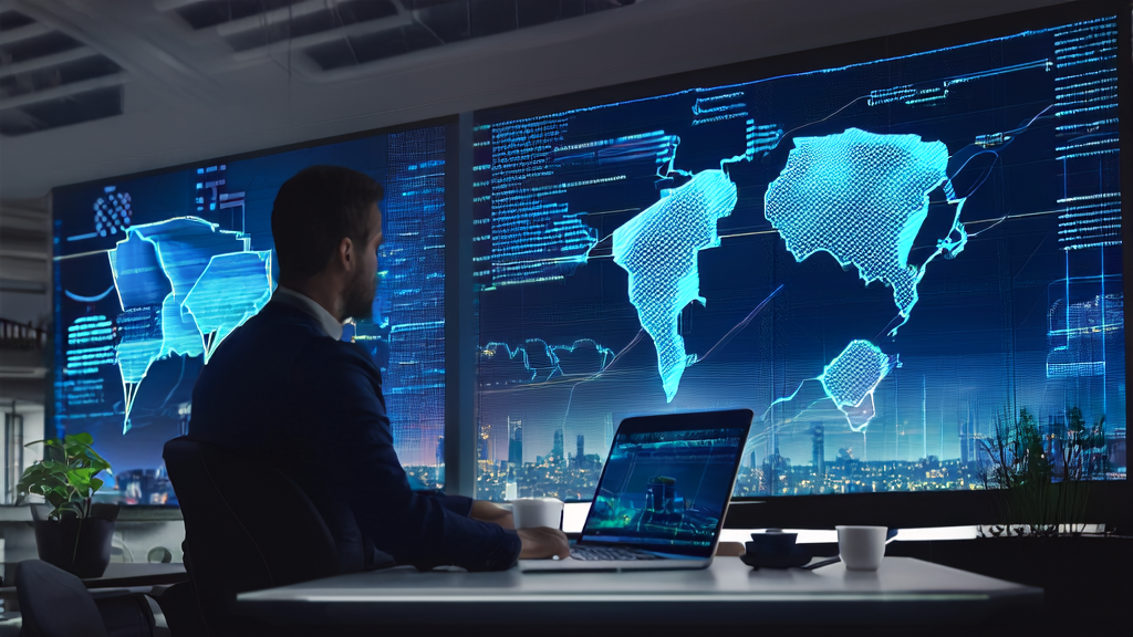 跨境电商平台上使用AI智能获客系统进行数据分析和客户互动的现代化办公室场景