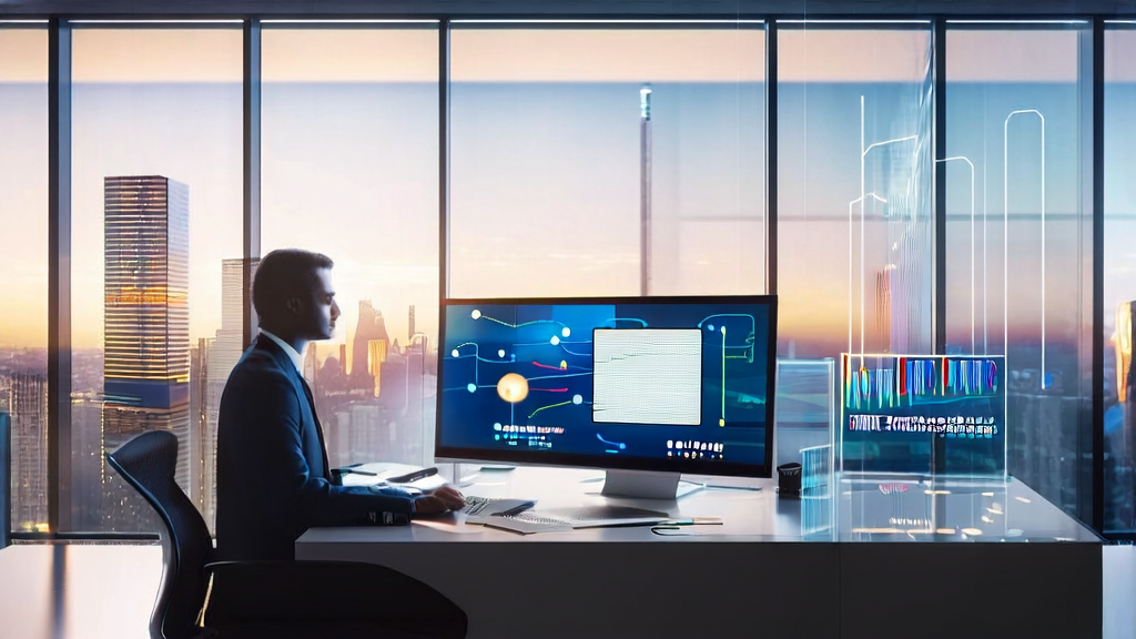 The CEO of a cross-border e-commerce company analyzes customer data and market trends using an AI customer acquisition system in a modern office