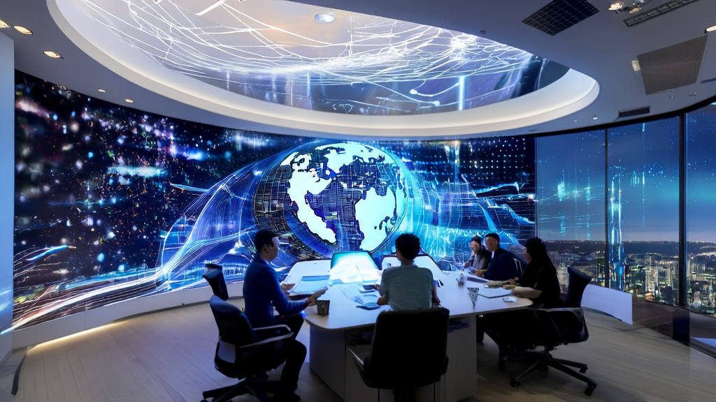 AI customer acquisition system in cross-border commerce, showcasing a futuristic office scene