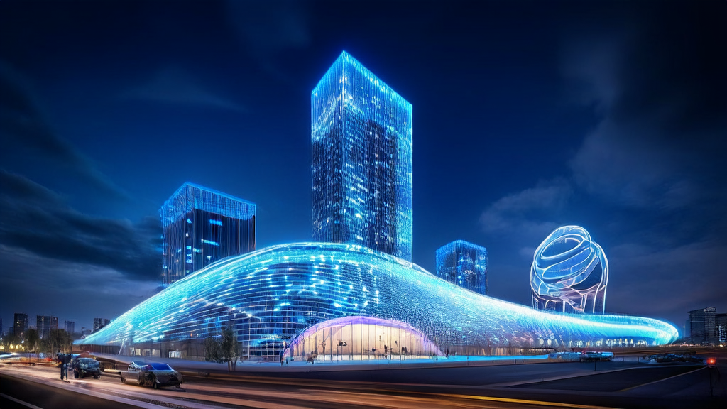 跨境电商大厦内，工作人员通过透明屏幕实时监控AI智能获客系统，处理全球订单数据，背景为Meta建筑与RISC-V芯片模型。