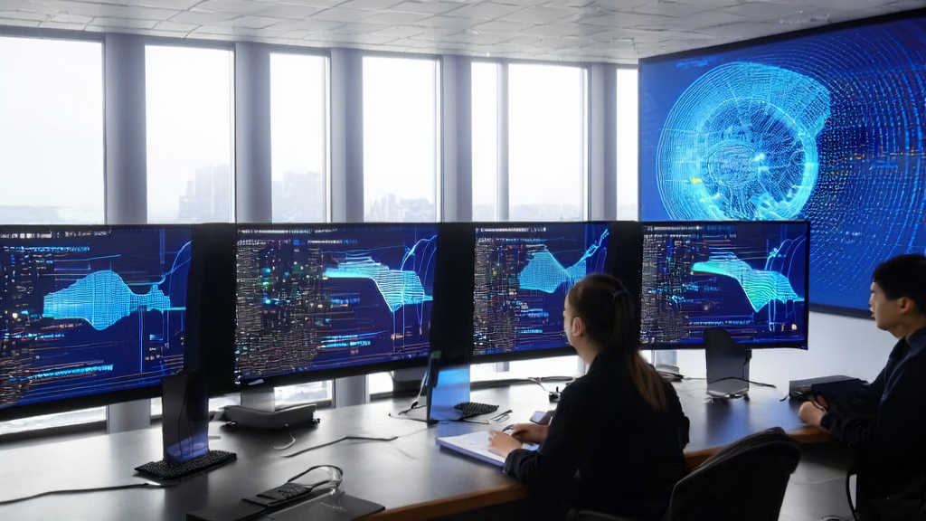 Modern office scene utilizing AI customer acquisition system for data optimization and growth
