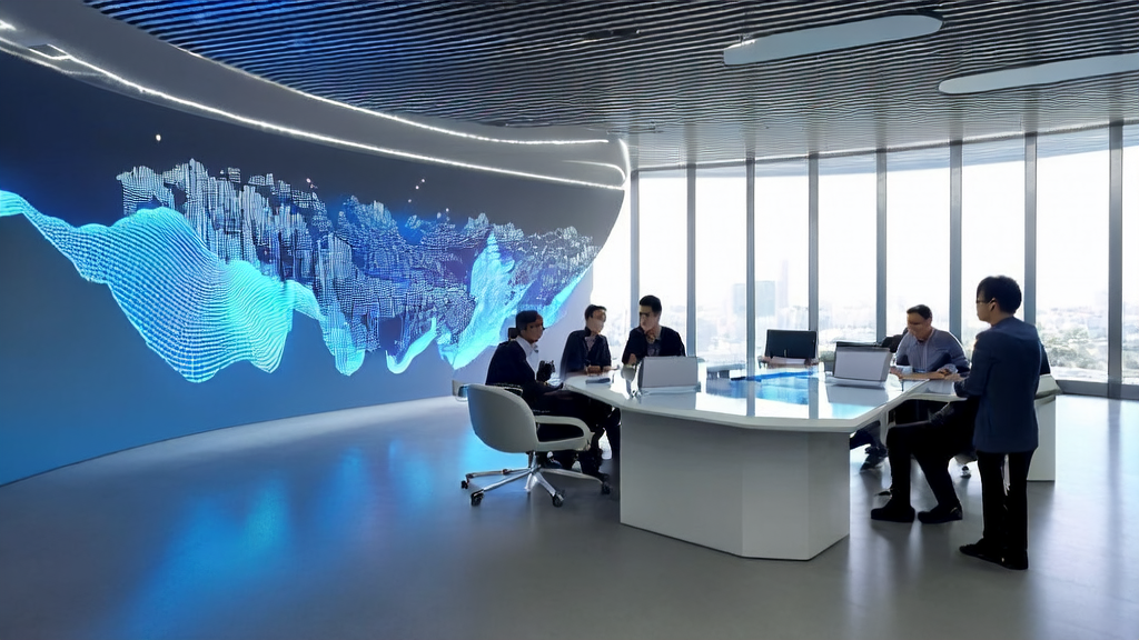 In a futuristic office, a team is using an AI customer acquisition system and Tencent Hunyuan 3D Studio for efficient creation and discussion