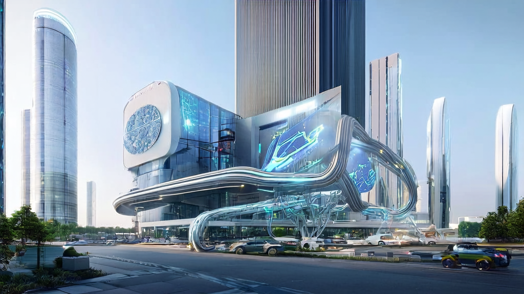 AI智能获客系统在跨境电商中的应用场景，展示未来城市的高科技设施和机器人物流系统