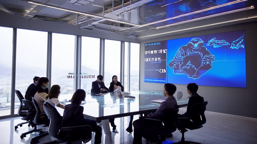 Analysis of AI customer acquisition system in cross-border e-commerce, showcasing a futuristic city night scene and team discussion