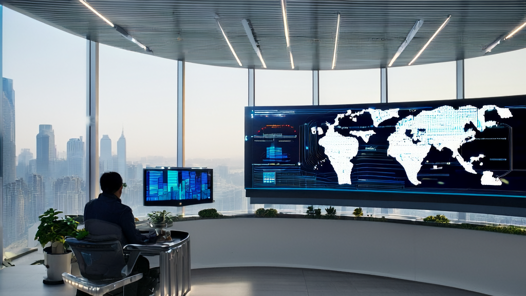 AI customer acquisition system in cross-border e-commerce, showcasing technicians using big data analysis to precisely target global customers