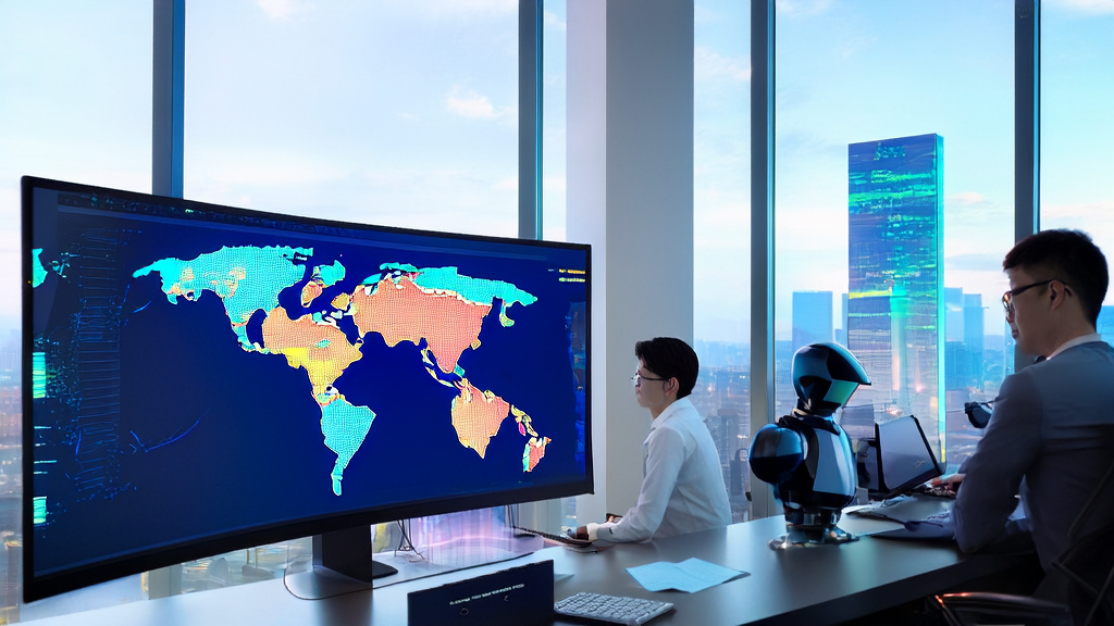 Scene of export enterprise employees using AI customer acquisition system for global market expansion