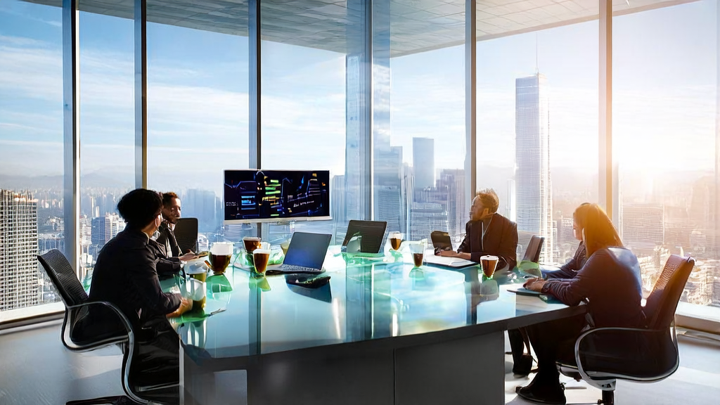 A team discussing AI customer acquisition system in a modern office environment