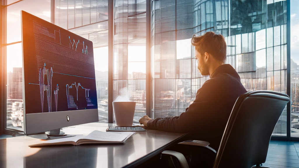 A young entrepreneur analyzing customer data using an AI customer acquisition system in a modern office, with sunlight streaming through floor-to-ceiling windows, a cup of hot coffee, and an open notebook on the desk.