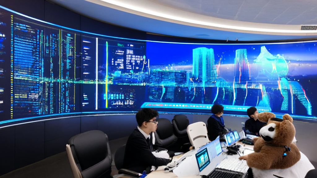 未来科技感办公室中展示AI智能获客系统的运行情况，程序员们正在优化个性化邮件营销策略，窗外是繁华城市夜景。