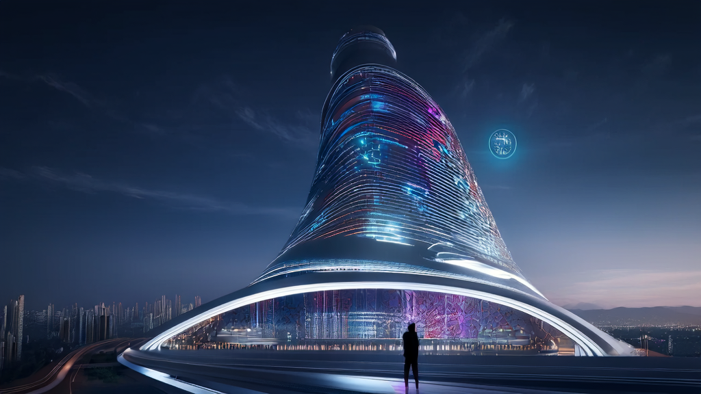 In the night of a futuristic city, an entrepreneur stands by the observation window showcasing the AI customer acquisition system and its application cases.