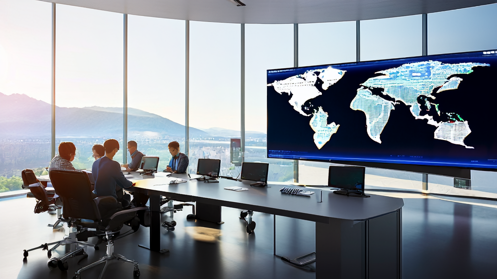 Employees in a modern office using an AI customer acquisition system to conduct global video conferences and screen potential clients with predictive models.