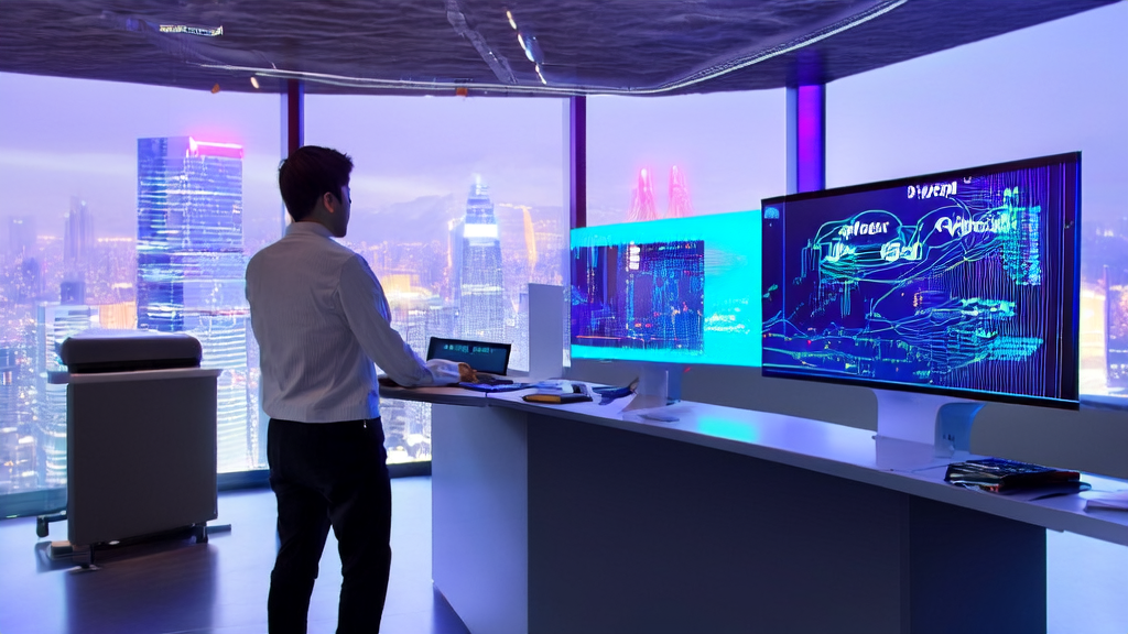 Scene of using AI customer acquisition system in a futuristic office to screen quality customers