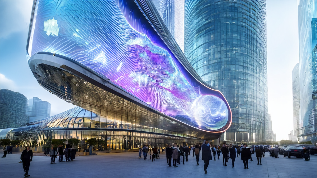 AI智能获客系统在阳光下的高科技公司大楼前展示其优化海外市场的能力，阿里云Qwen3Guard提供安全保障。