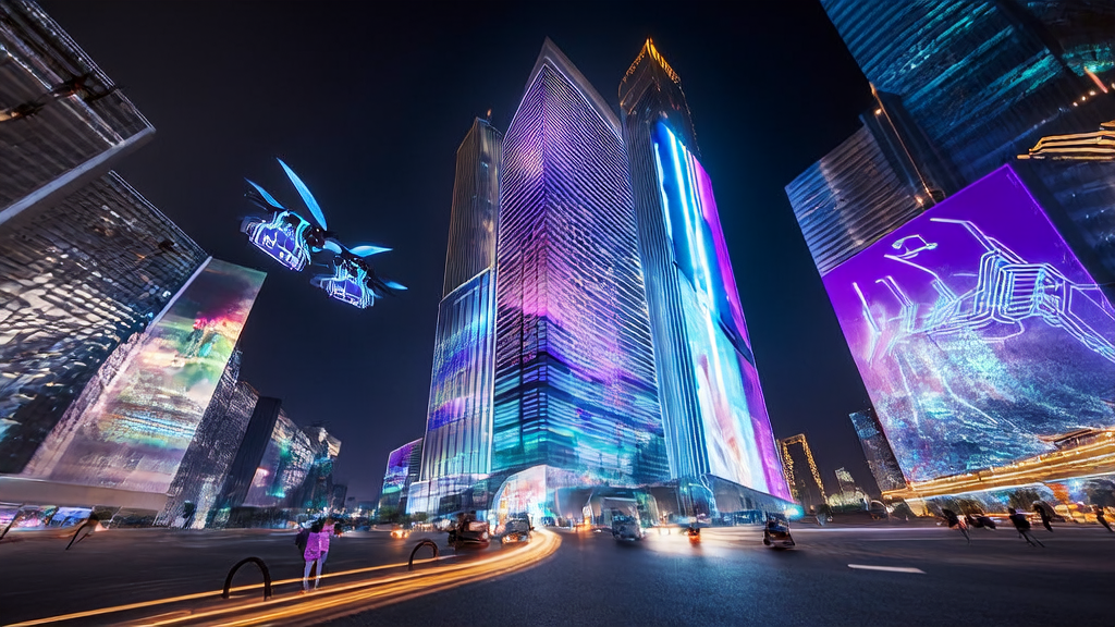 AI customer acquisition system uses drones and digital screens to display personalized ads for cross-border e-commerce in a futuristic city night scene