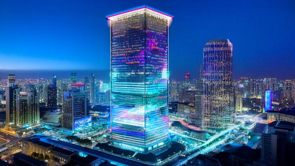 A high-tech skyscraper in a modern city, showcasing the real-time operation of JD's JoyAgent-JDGenie multi-agent system for precise customer data analysis