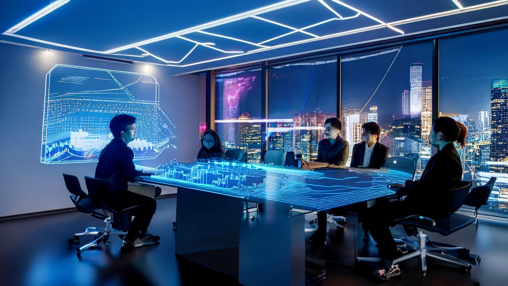 Modern office scene showcasing advanced AI technology for customer acquisition