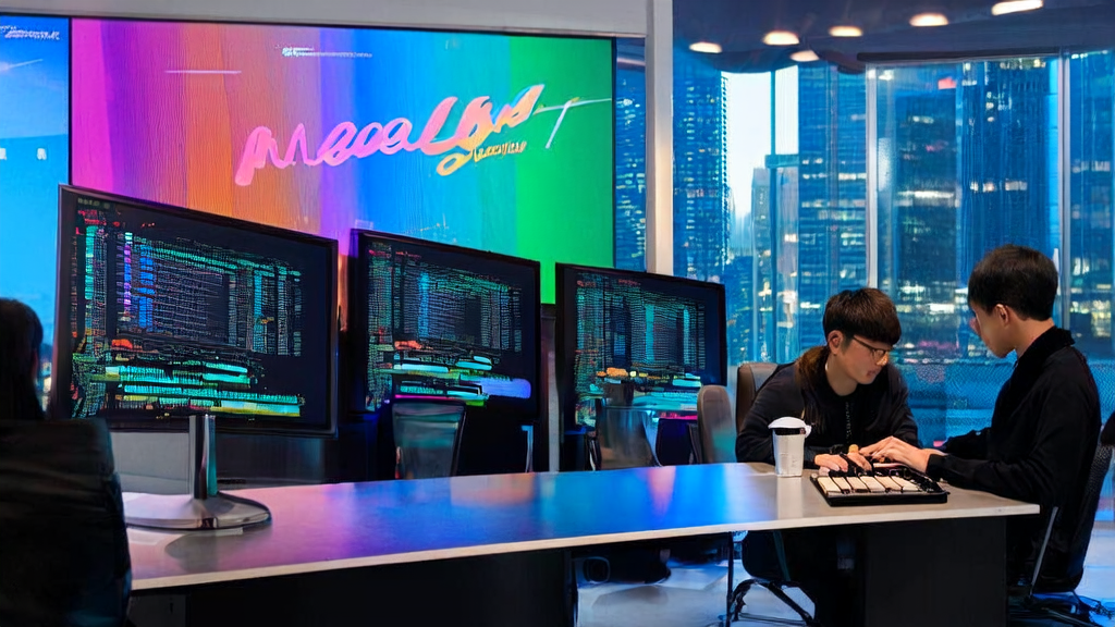 程序员在现代化办公室中利用AI技术分析Twitter数据，探索外贸转型的新路径。