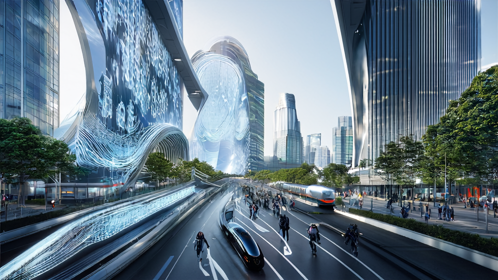 A futuristic city showcasing innovations and applications of AI customer acquisition technology