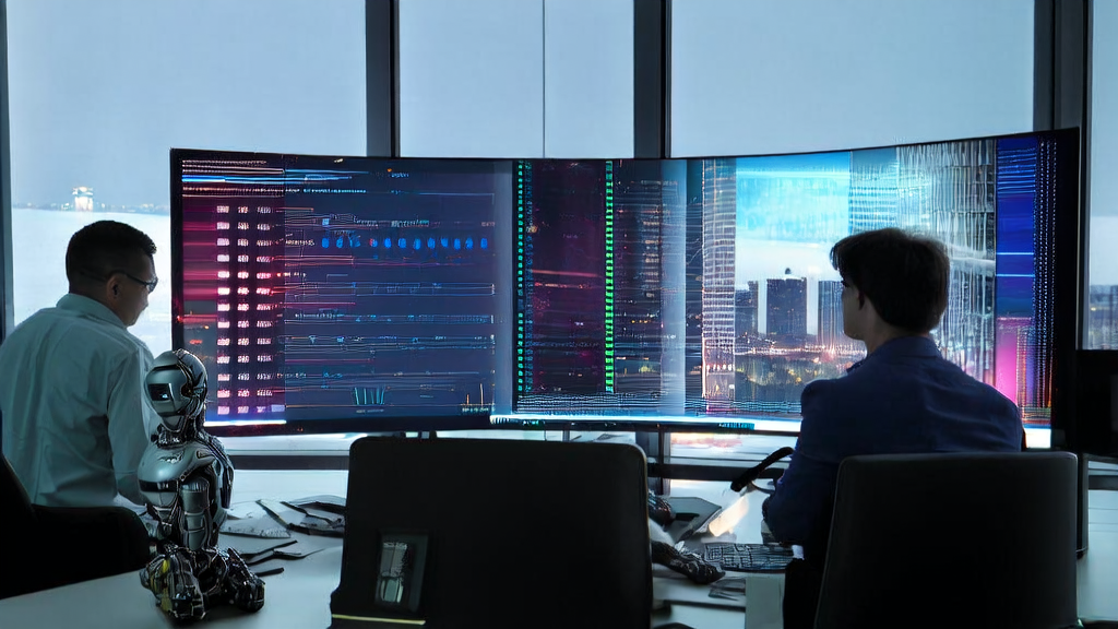 工程师在现代办公室中利用AI技术进行客户数据分析，背景为城市夜景