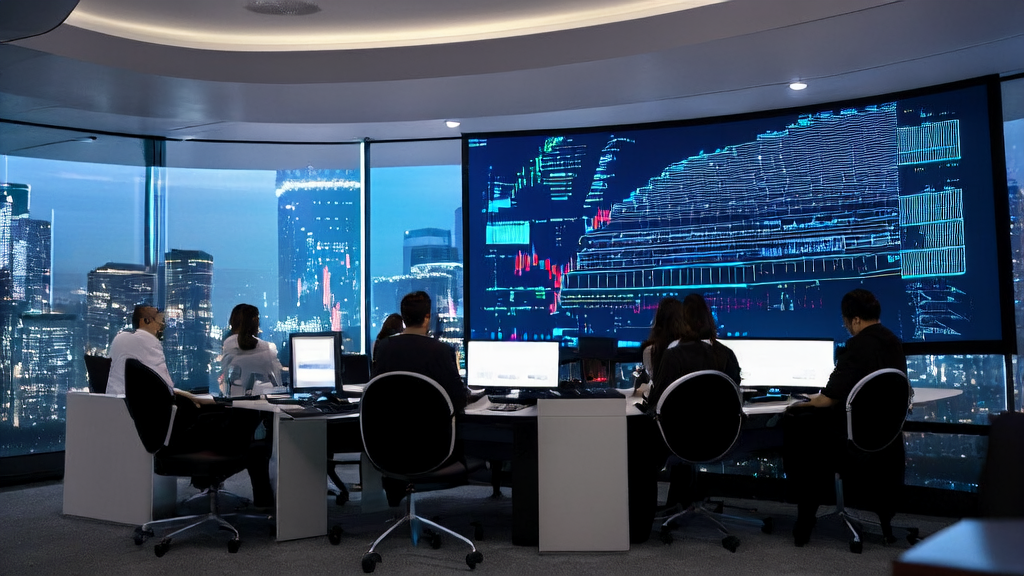 程序员在现代化办公室中利用AI技术优化获客策略，背景是城市夜景。