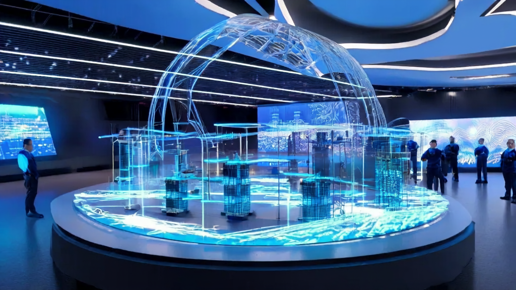 A futuristic high-tech lab showcasing AI predictive modeling and the Tencent Hunyuan-GameCraft open-source project