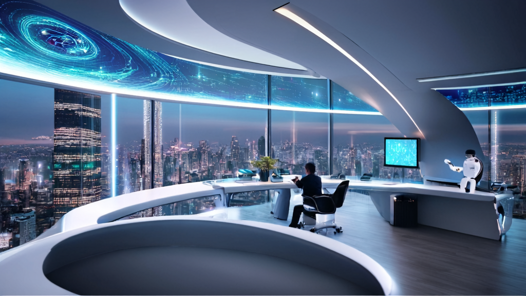 未来办公室内，程序员使用AI工具进行跨境电商邮件自动化营销